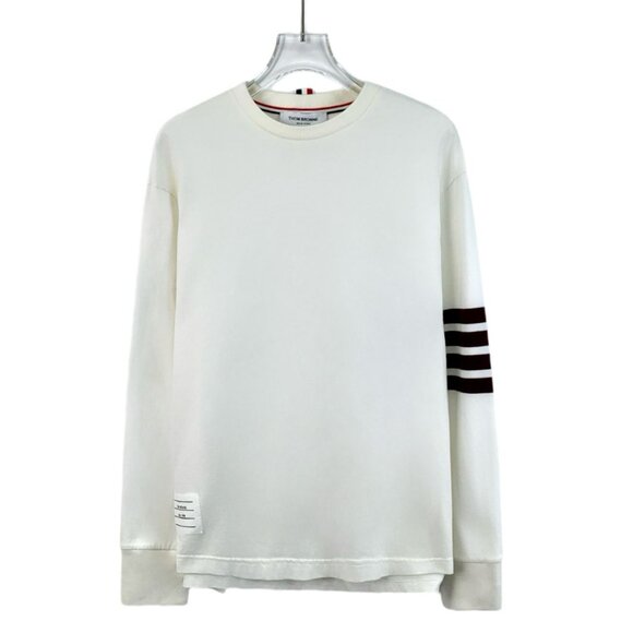 CM0240 Thom Browne White Long-Sleeve Crewneck Shirt With Burgundy Stripe - Picture 1 of 8